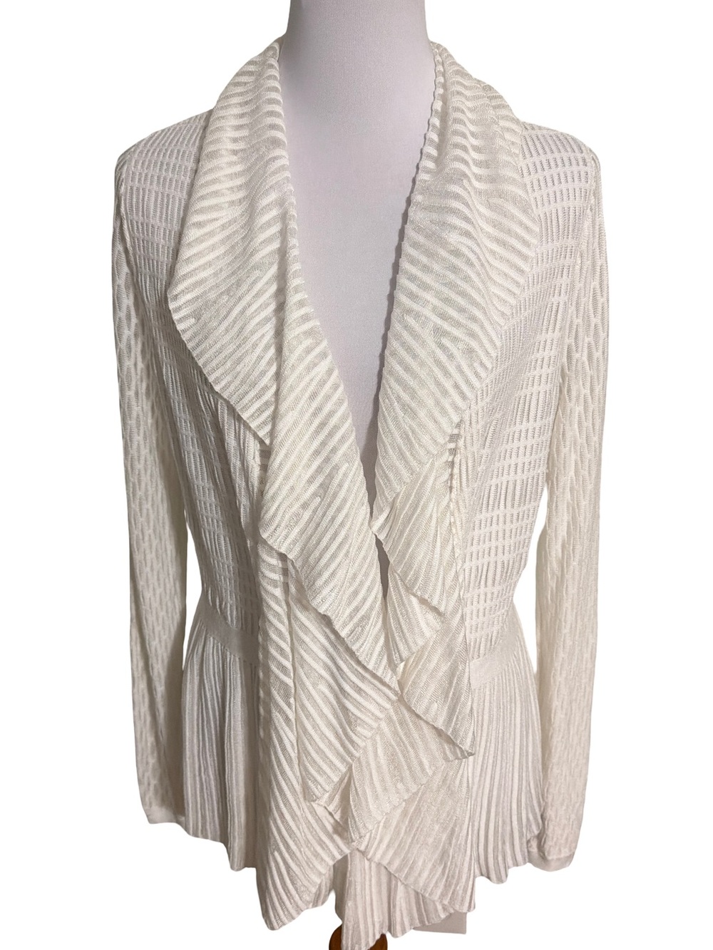 White House Black Market Cream Knit Cardigan Ruffled Open Front